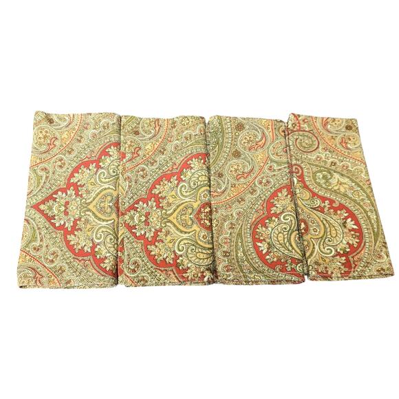 Lauren Ralph Lauren Paisley Green Tan Red 19 x 19 Cloth Table Napkin Set of 4 - Picture 1 of 7